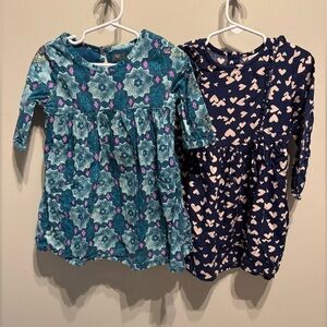 OshKosh B'gosh Set of 2 Dresses Teal Printed Sparkle & Navy Heart Long Sleeve 3T